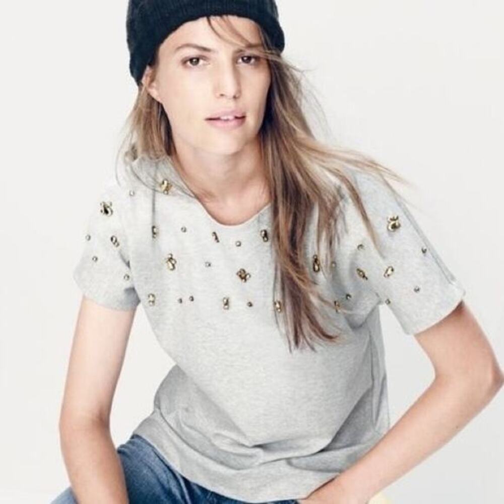 J.crew gray jeweled dolman sleeve sweatshirt embellished short sleeve size large